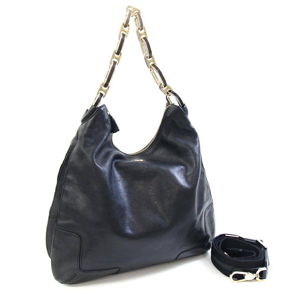 Anya Hindmarch Shoulder Bag Black Leather Canvas Crossbody Chain